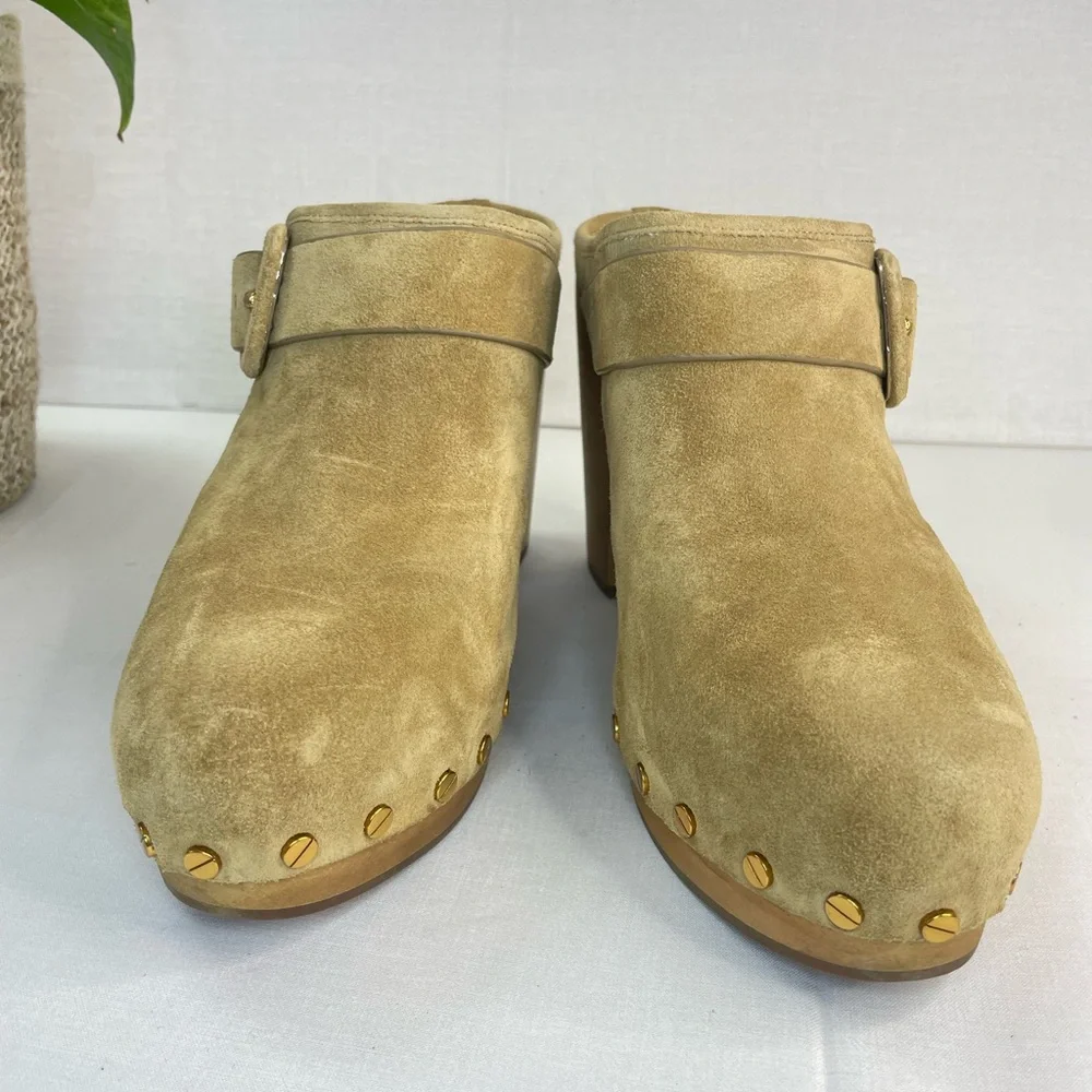 Veronica Beard Dacey Suede Studded Block Clogs in sand sz 10 M (F 655) - Picture 13 of 16